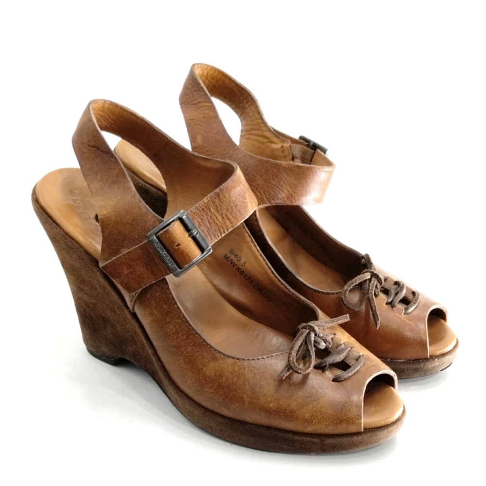 Women’s Brown Leather Wedge Sandals with Ankle Strap